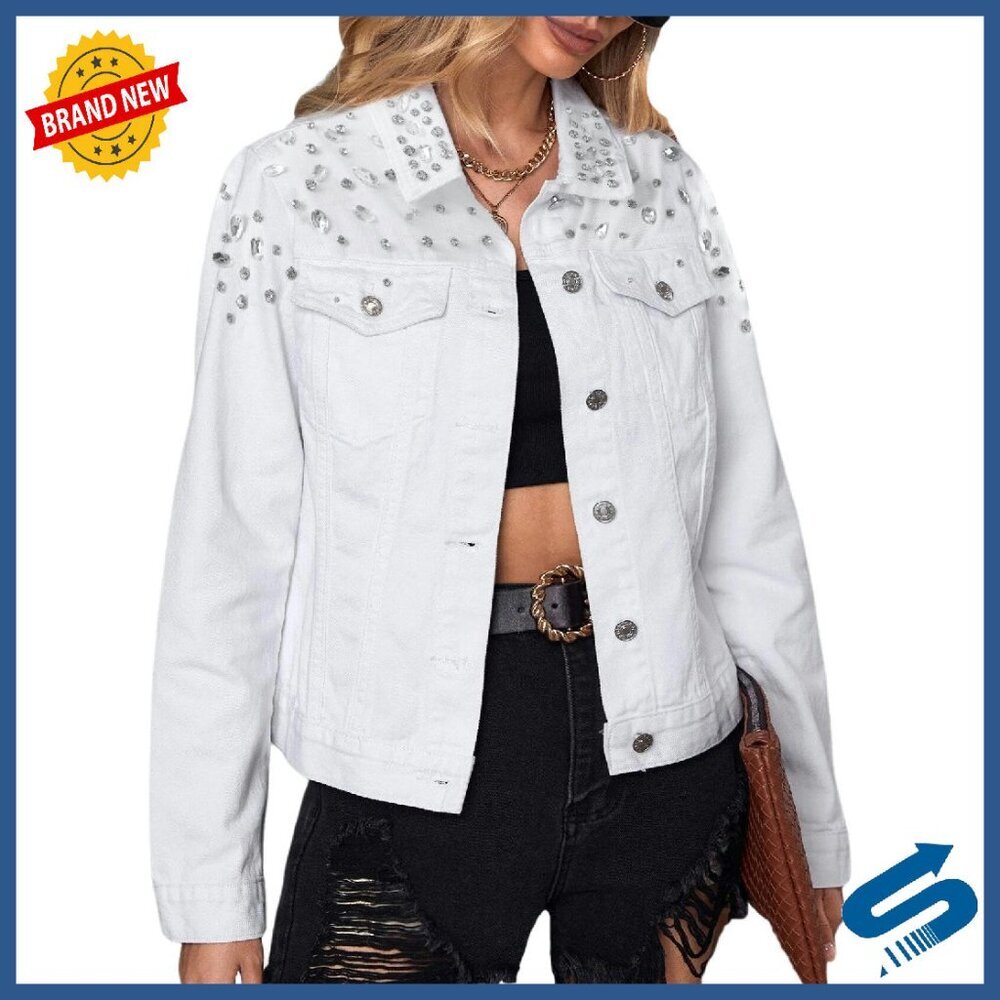 Oversized Embellished Denim Jacket Rhinestone Western Trucker Button Down